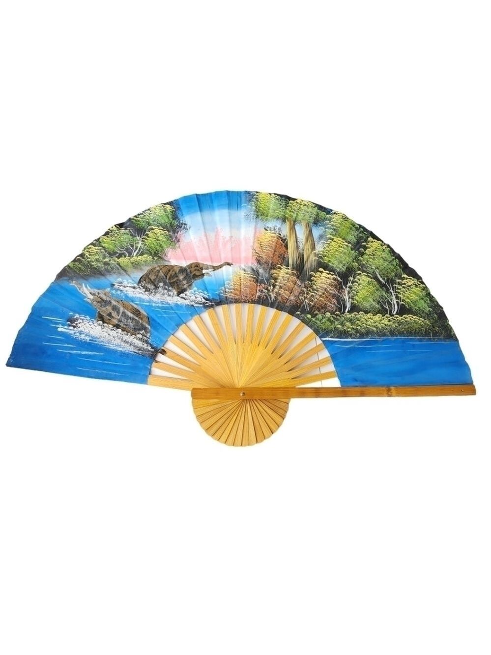 Huge Handpainted fan Large Asian Elephant waterfall Art 40" wide